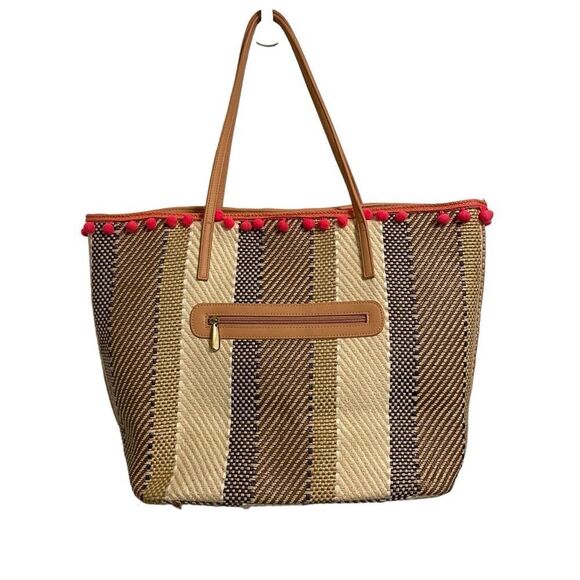Sondra Roberts Squared Two Piece Woven Pom Pom Tote Bag - Picture 3 of 5
